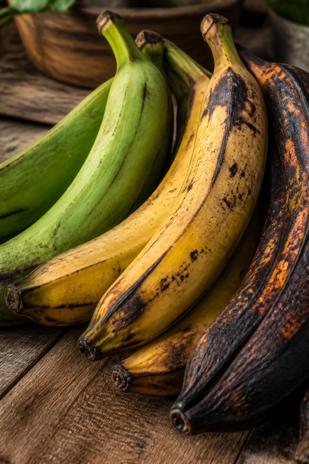 Close-up of plantains showing green to yellow to black skins on a wooden surface