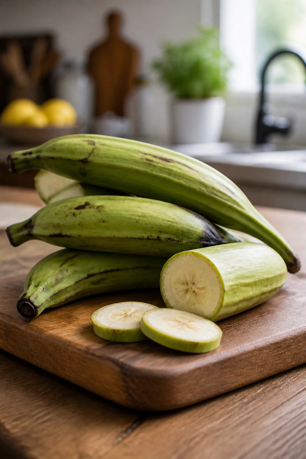 Digestive Aid: Are Plantains Good For Constipation? 2 Close-up of fresh plantains on a cutting board in a kitchen.