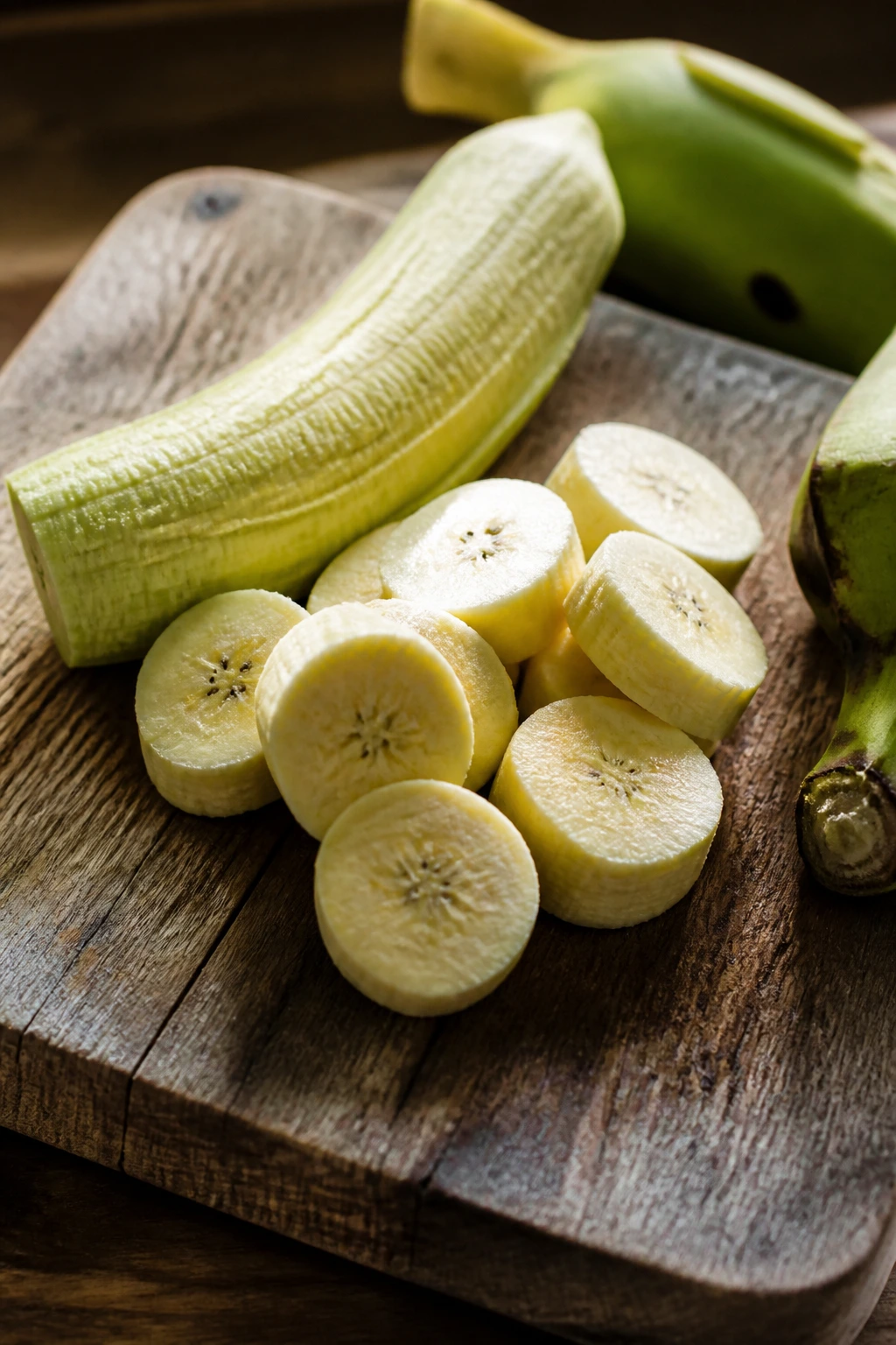 Green Plantains Vs Yellow Plantains: What's the Difference? 4 Green plantain coins on cutting board ready for cooking