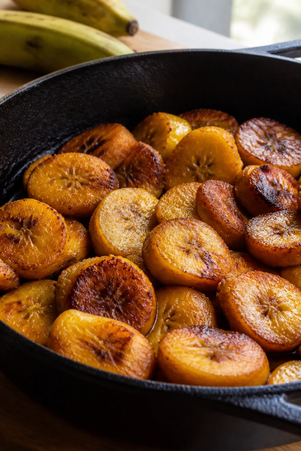 Plantains cooking in cast-iron skillet in kitchen