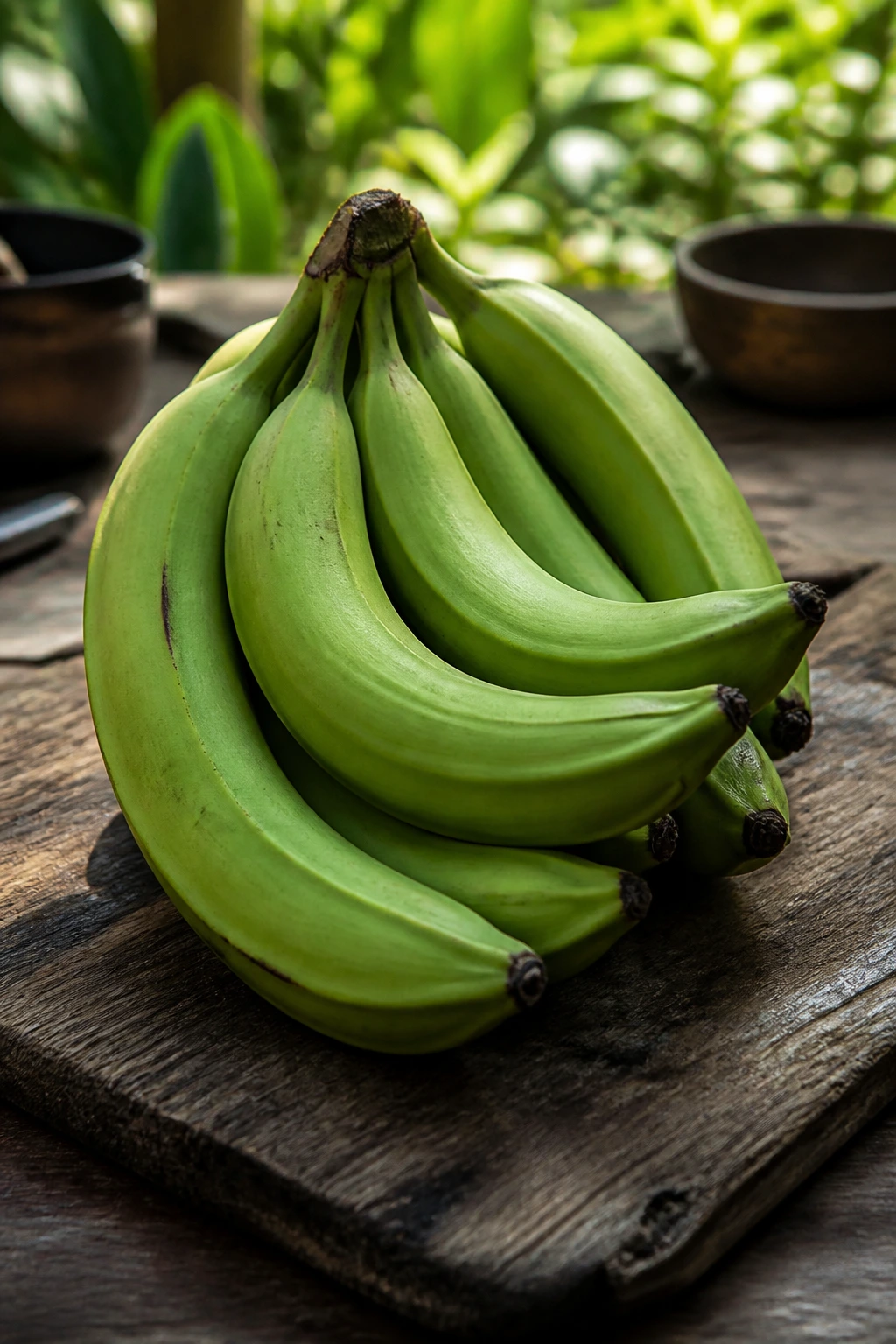 How Many Banana Varieties Are There? 4 Group of green plantains ready to be cooked on a wooden board