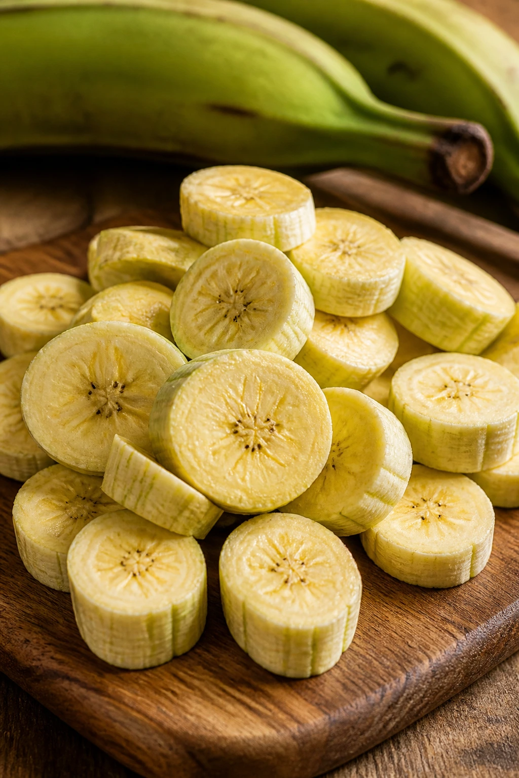 Green Plantains Vs Yellow Plantains: What's the Difference? 6 Green plantain chips on wooden board