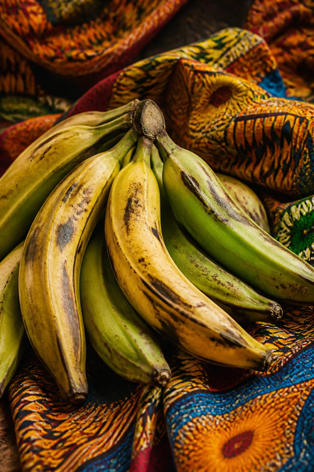 The 4 Different Types of Plantains: Their Differences 3 Plantains on colorful textile suggesting Caribbean and African culinary traditions