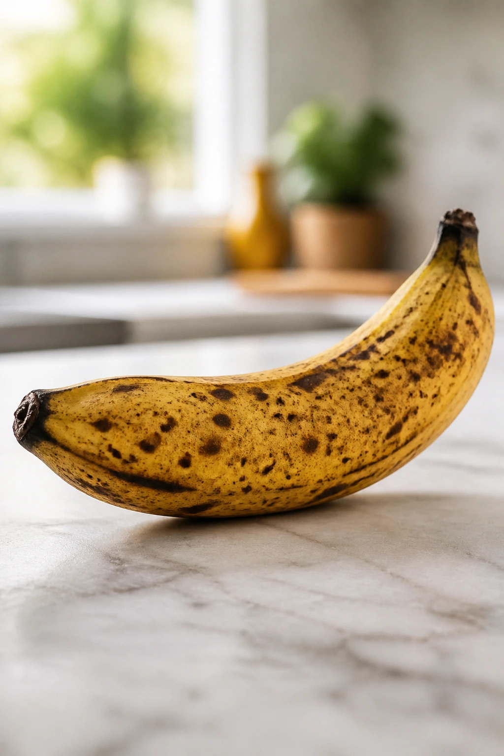 Single ripe plantain on a clean kitchen counter