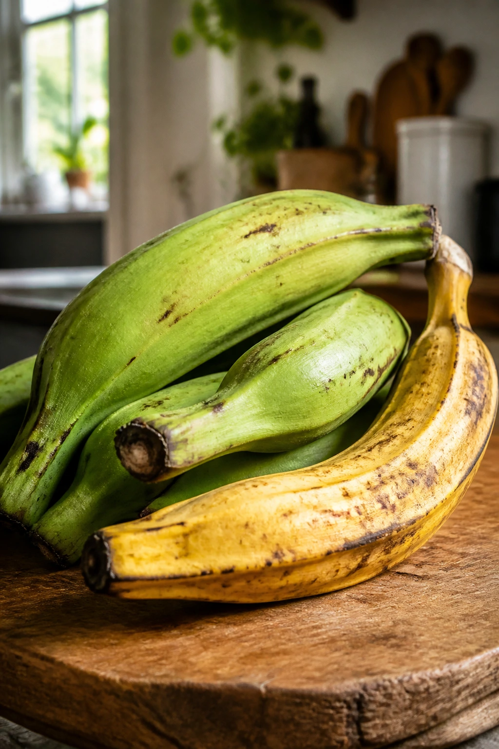 Close-up of green and yellow plantains on a wooden cutting board in a warm kitchen