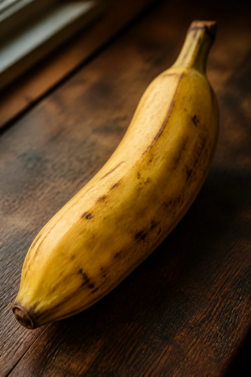 Single ripe plantain on a wooden kitchen surface