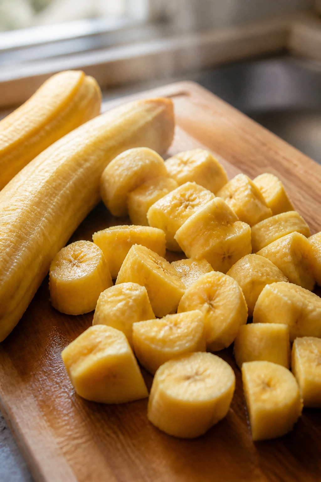 Cooked plantains on a cutting board prepared for dogs in a kitchen