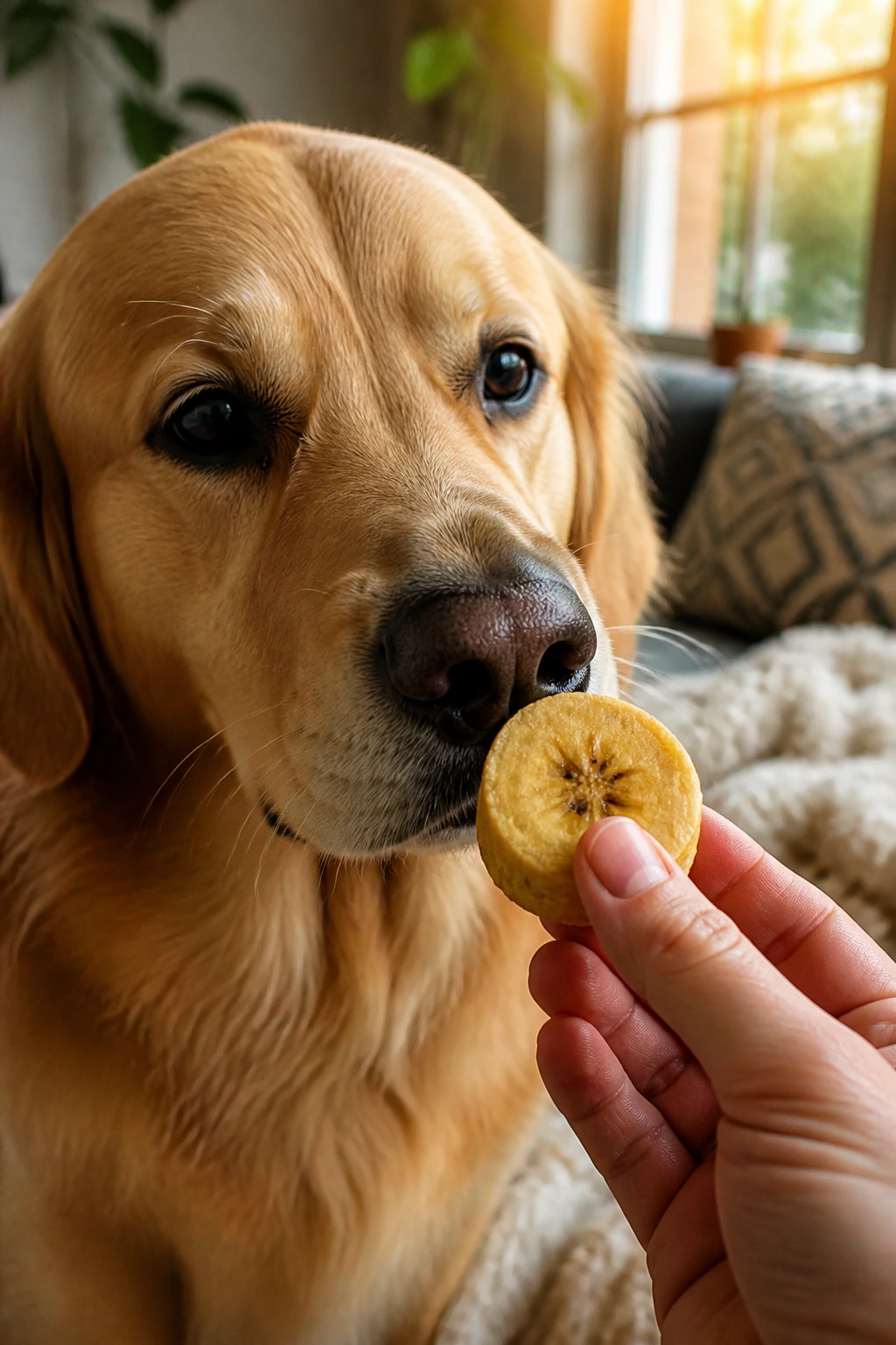 Dog with plantain slice near its nose in a cozy home