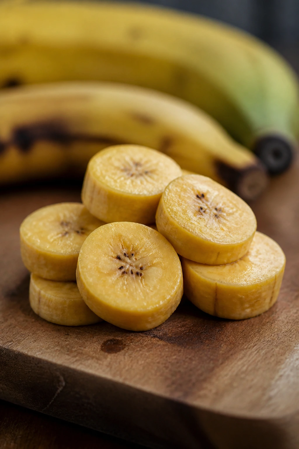 Plantain slices on wooden board representing dog-friendly FAQ on plantains