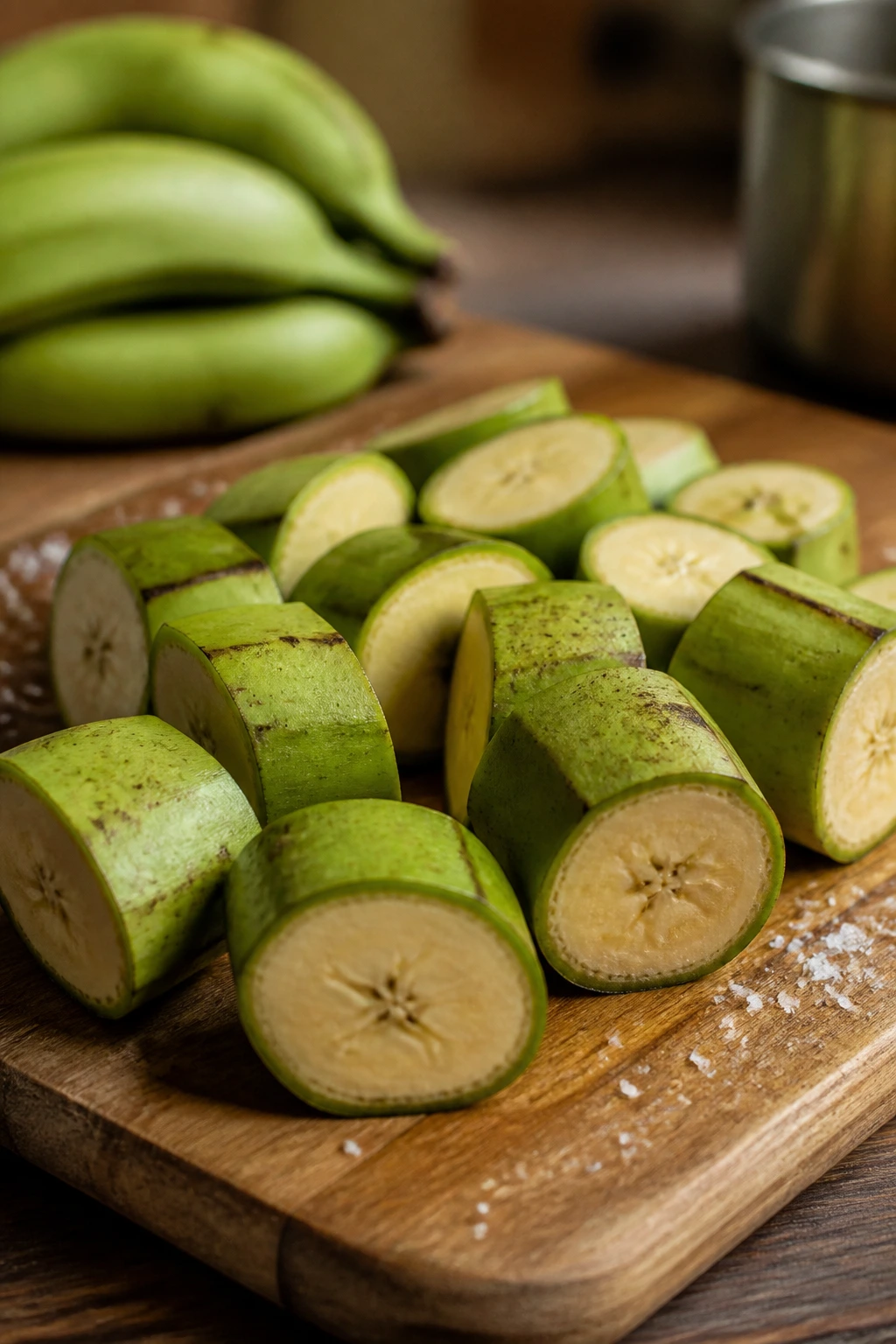How Long To Boil Plantains? How To Boil Plantain Like A Pro 4 Evenly cut green plantain pieces on cutting board with salt in background