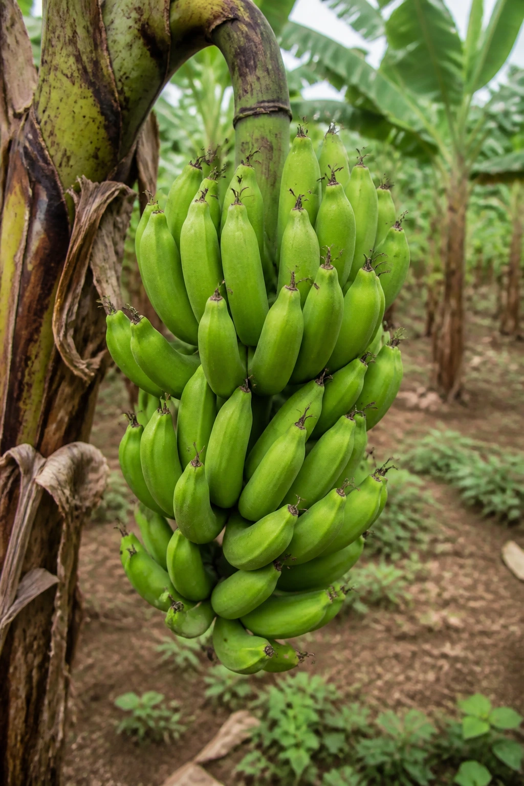 Green plantain bunch hanging on a stalk in a small farm