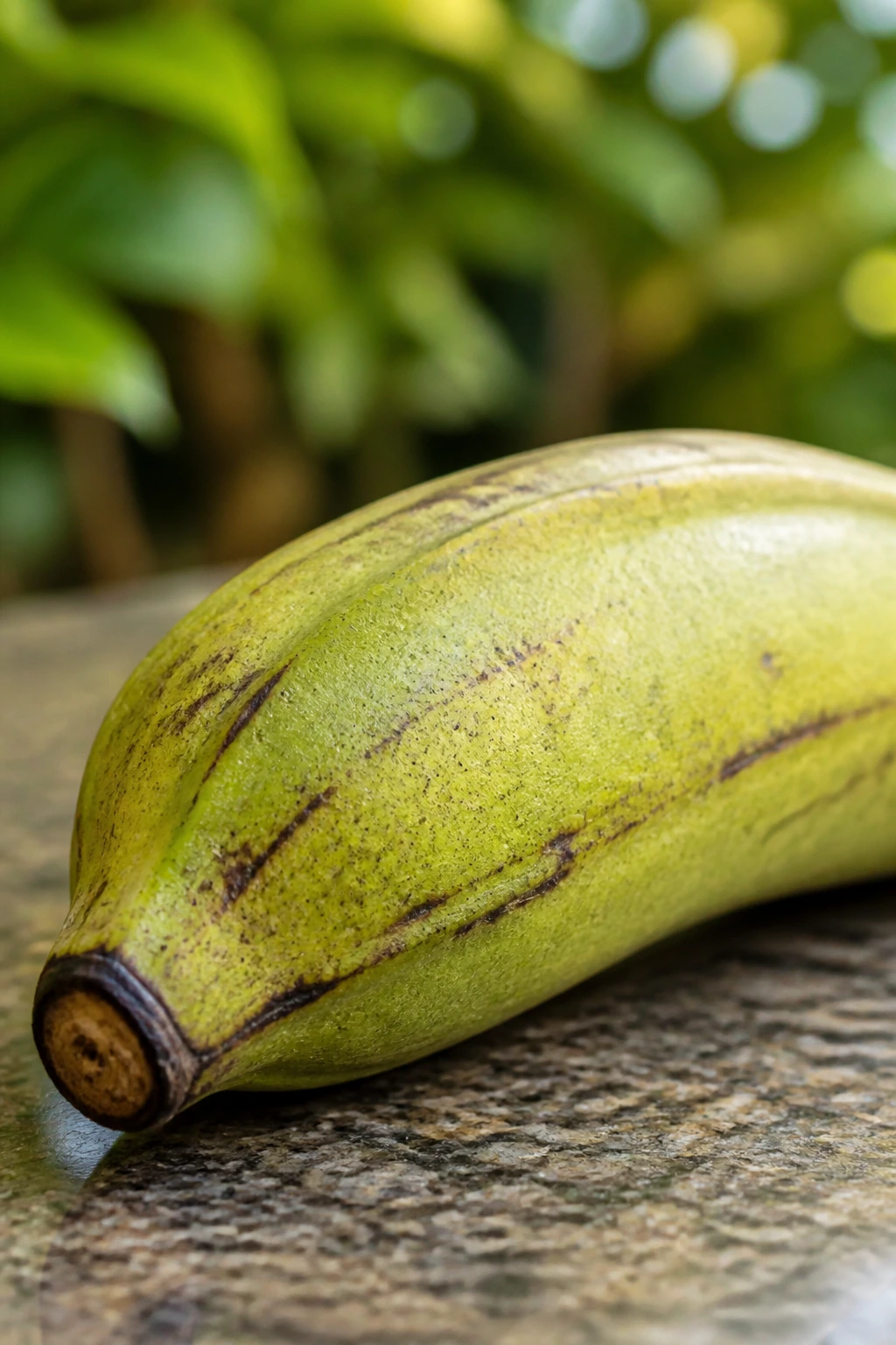 Plantain on counter with green leafy background in blur