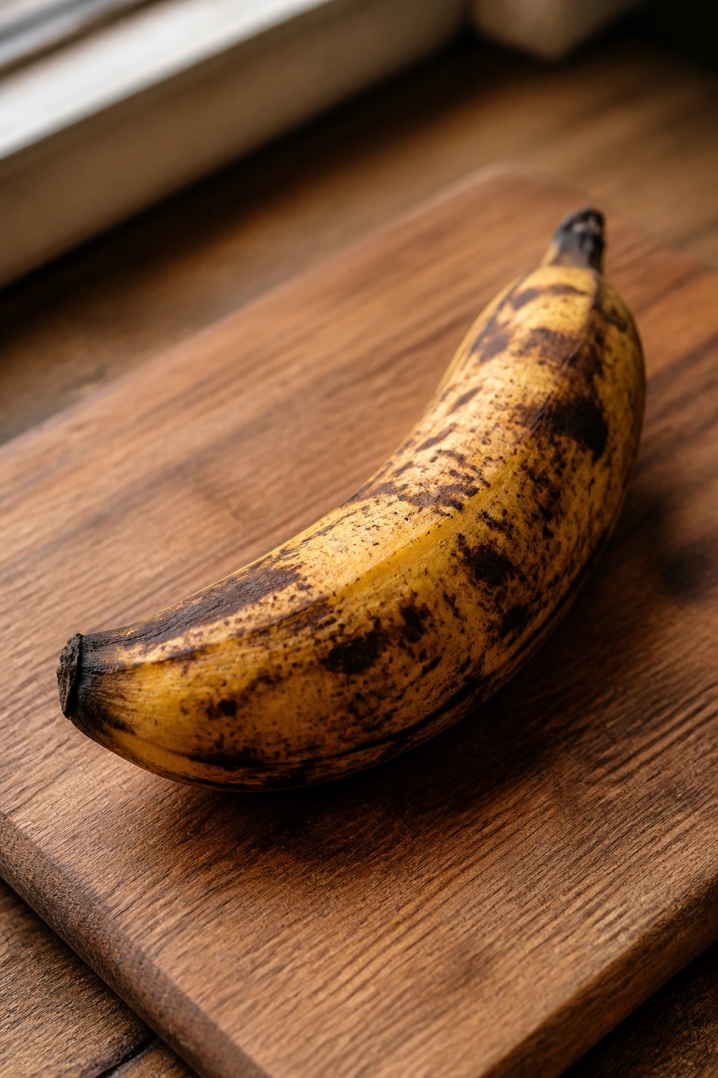 Ripe plantain on cutting board with warm light