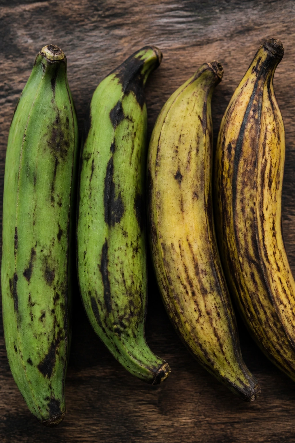 The 4 Different Types of Plantains: Their Differences 1 Close-up of four plantains showing different shapes on a rustic wood surface