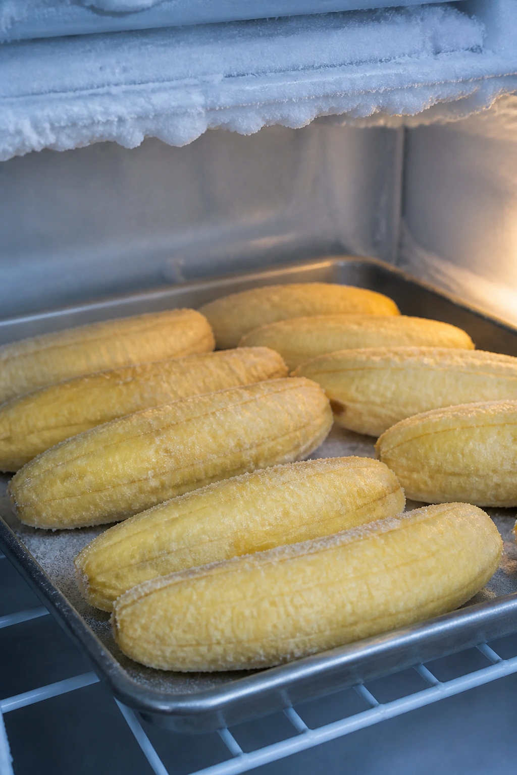 Can You Freeze Plantains? All You Need To Know 7 Close-up of ripe plantains ready to freeze inside a frost-coated freezer, plantains dominate the frame.