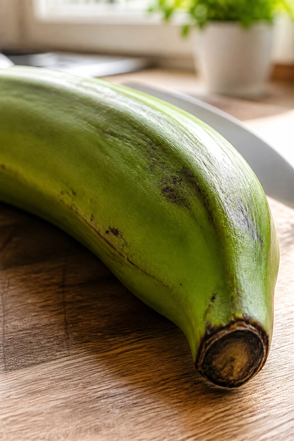 What Do Plantains Taste Like? A Deliciously Unique Flavor 1 Close-up of a green plantain filling the frame with textured skin