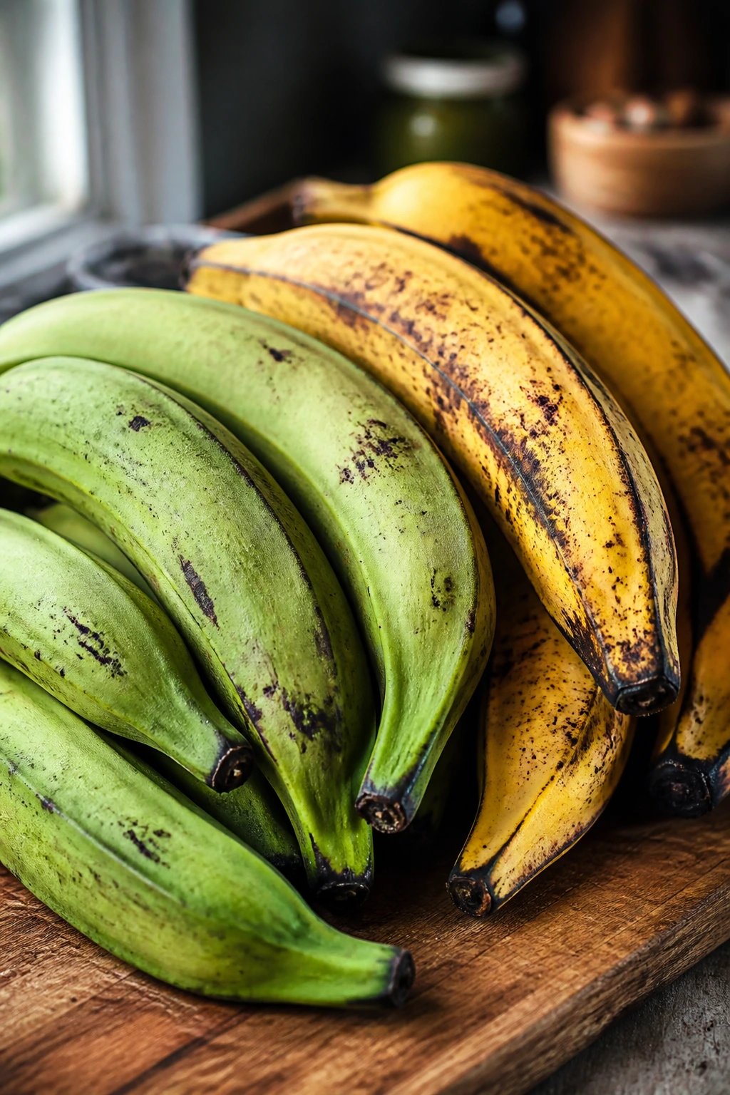 Green Plantains Vs Yellow Plantains: What's the Difference? 7 Close-up of green and yellow plantains on a wooden cutting board in a cozy kitchen