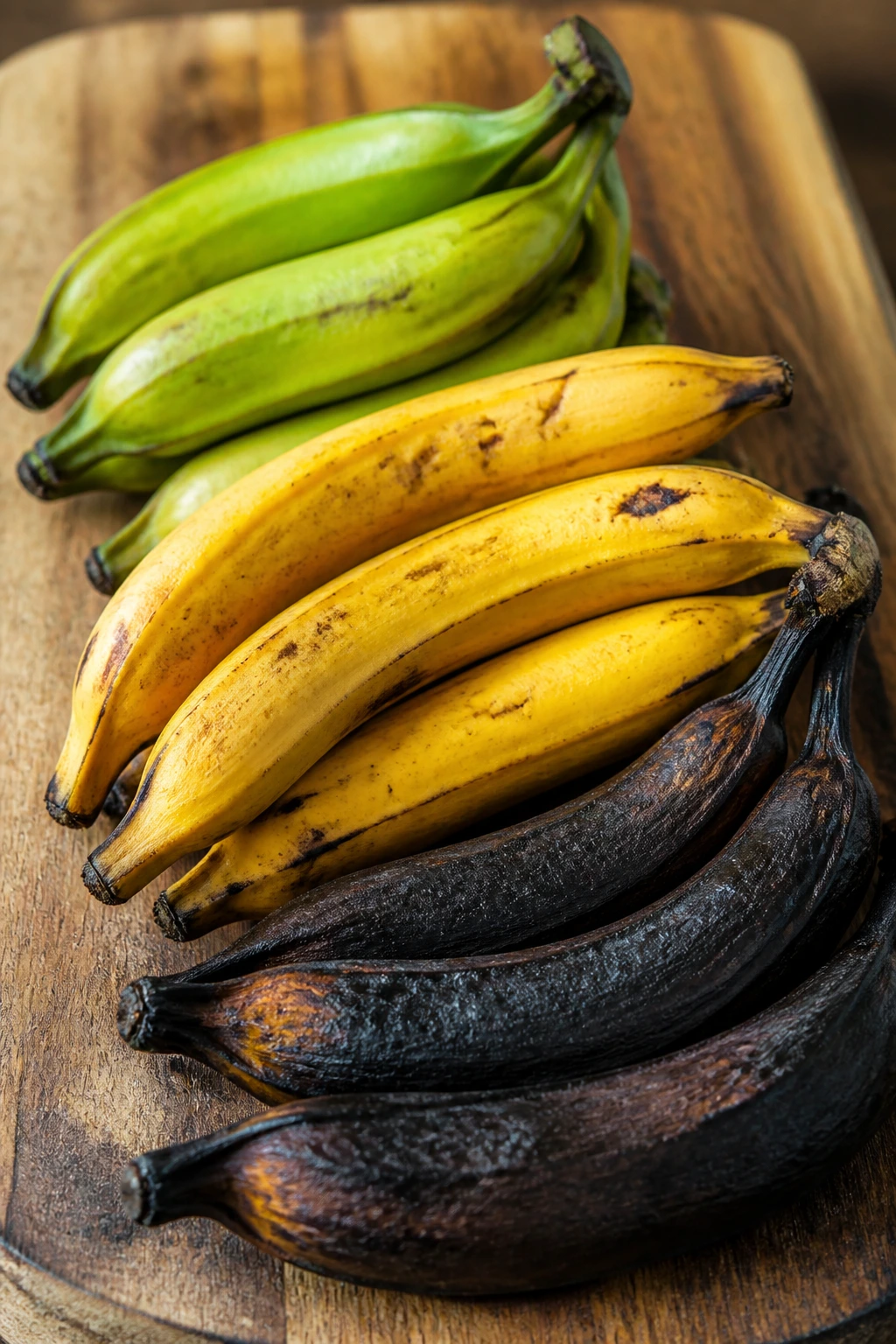 How Long To Boil Plantains? How To Boil Plantain Like A Pro 1 Close-up of green, yellow, and black plantains filling the frame on a wooden board