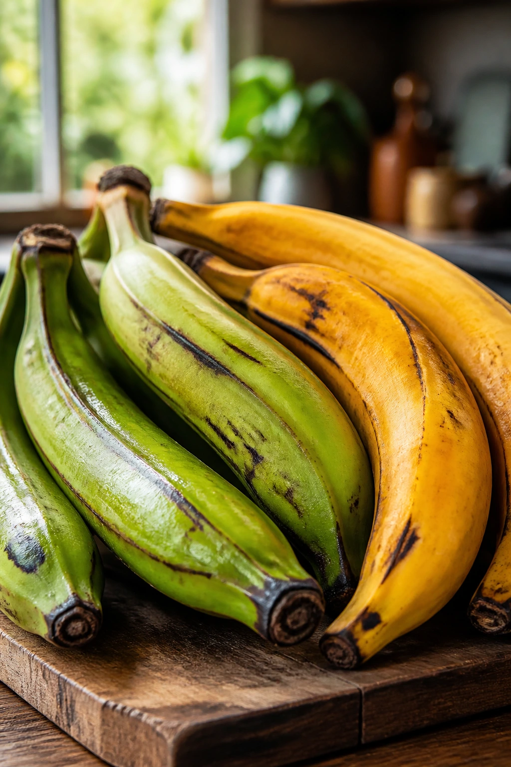Close-up of green and yellow plantains on a wooden cutting board in a sunlit kitchen