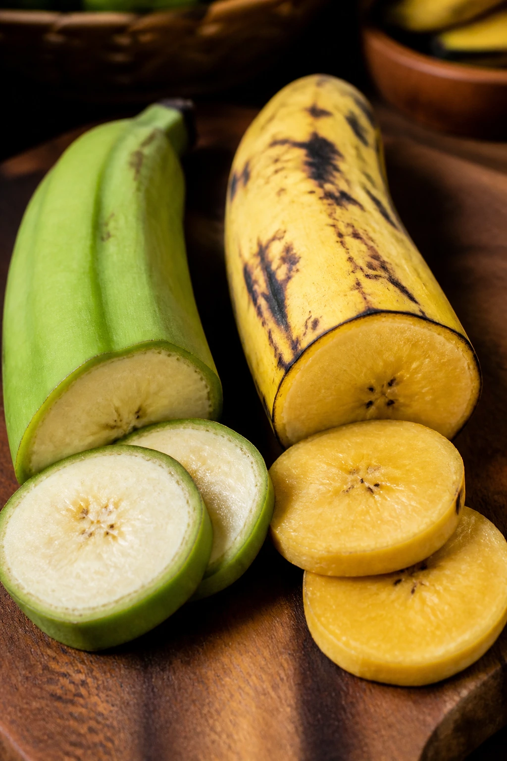 Green Plantains Vs Yellow Plantains: What's the Difference? 2 Yellow ripe plantain and green plantain side by side on wood board