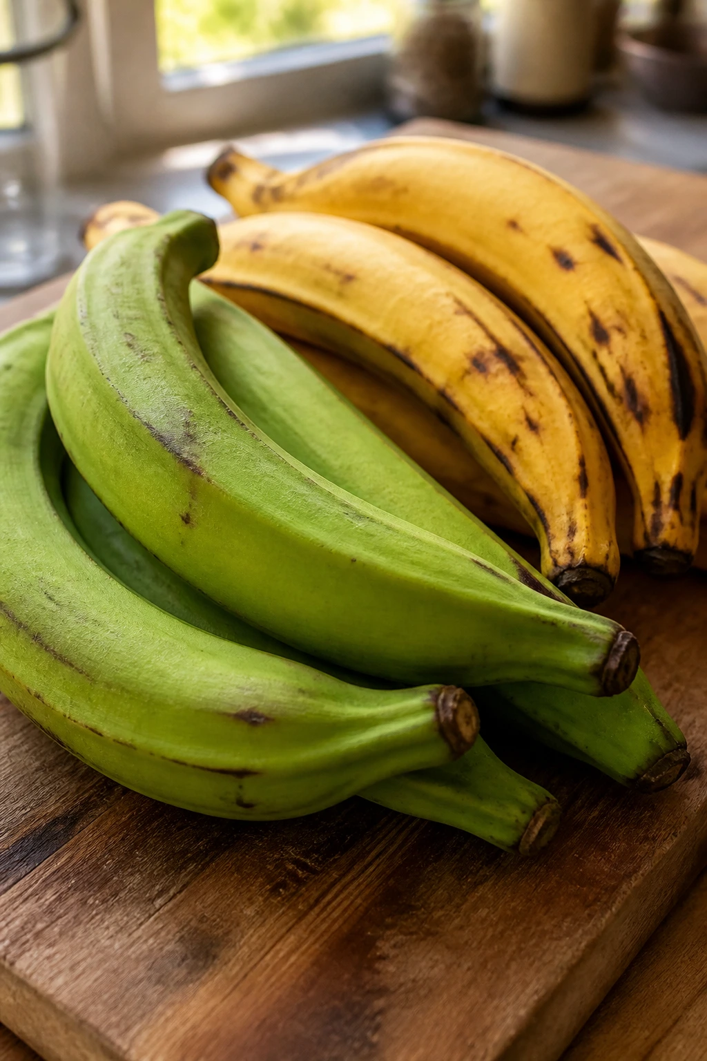 Close-up of green and ripe yellow plantains on a cutting board in a bright kitchen