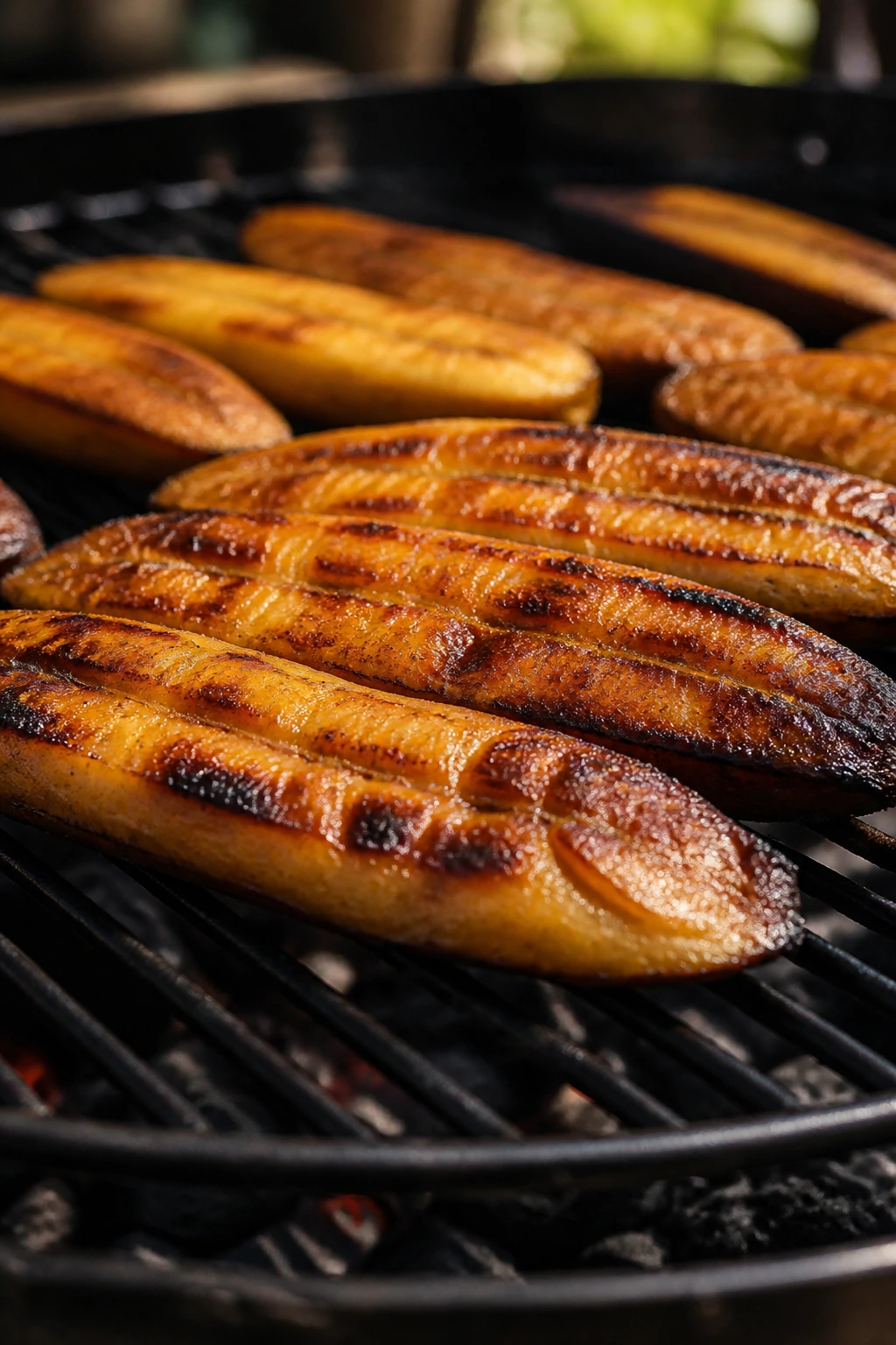 Close-up of charred grilled plantains on a grill