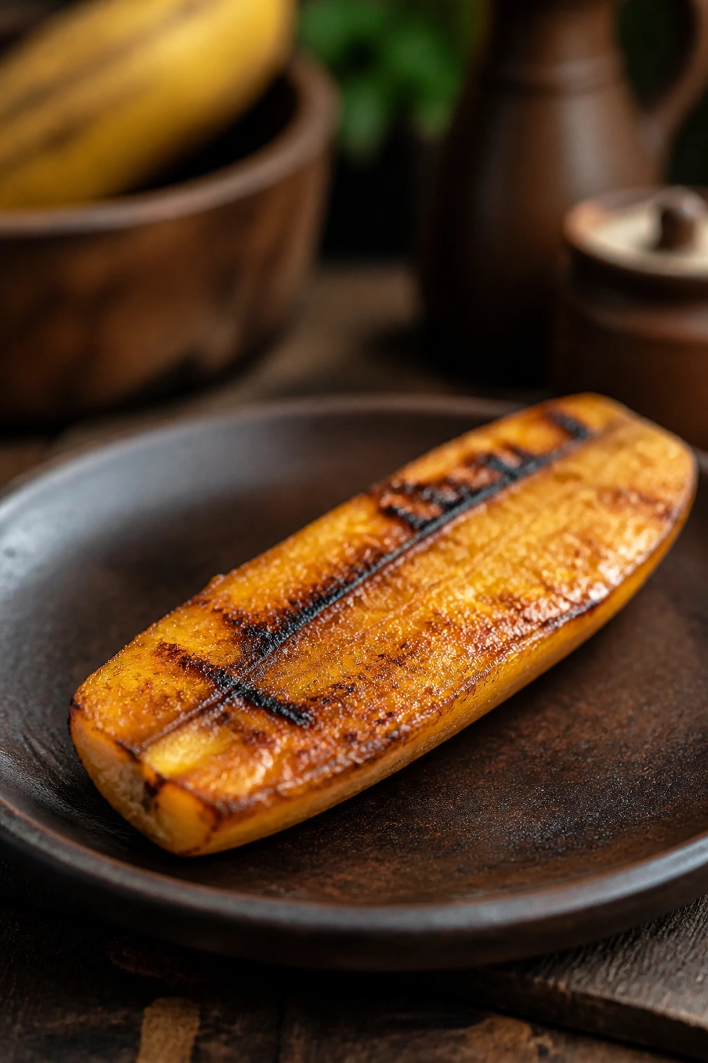 Grilled plantain half with grill marks on a dark plate