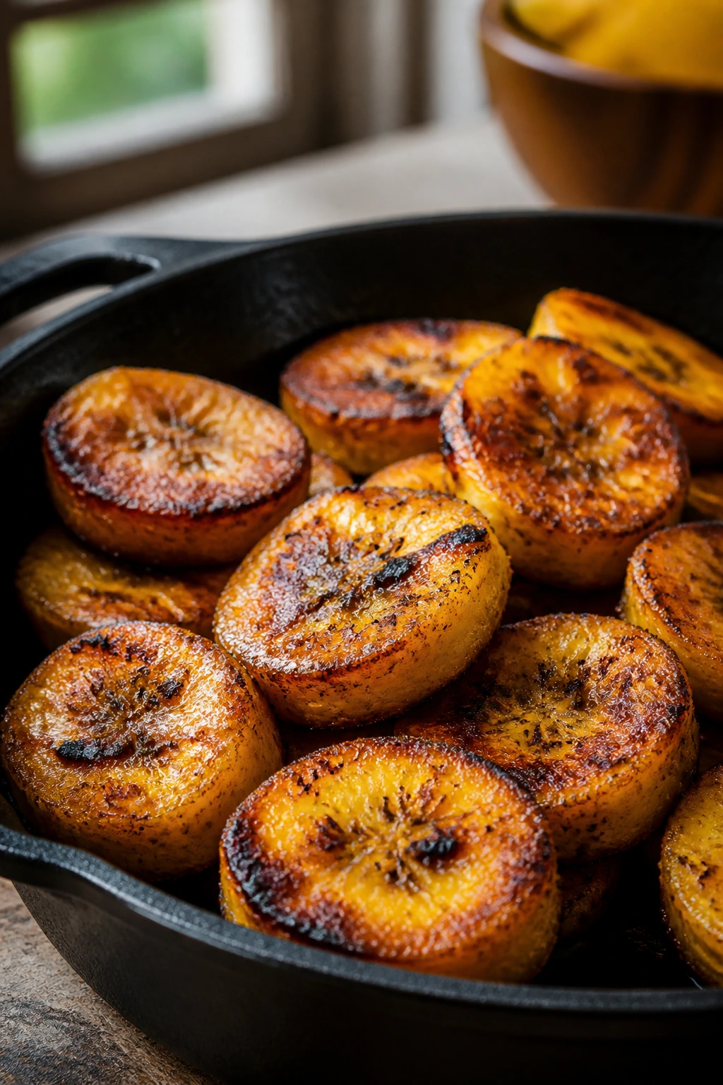 Close-up of grilled plantains in a cast-iron skillet with caramelized edges