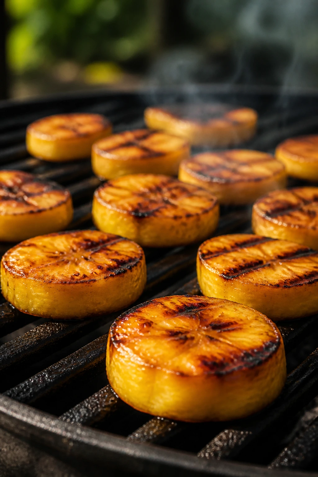 Grilled plantain slices with char marks on a grill
