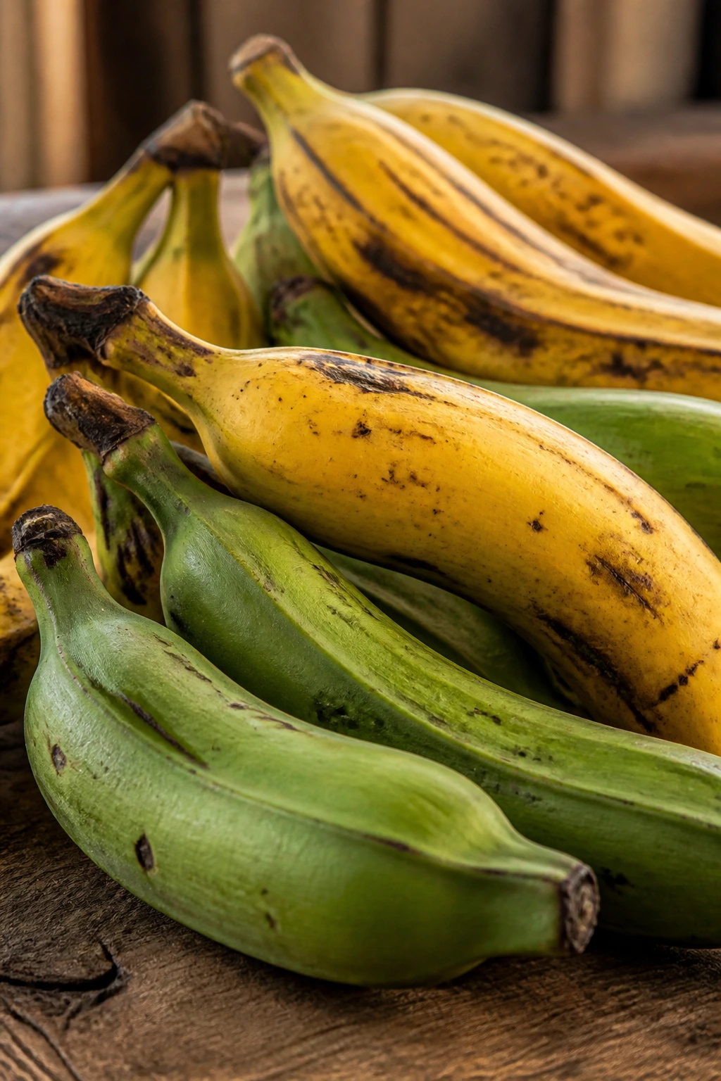 Close-up of plantains in green to yellow ripeness on a rustic wooden counter