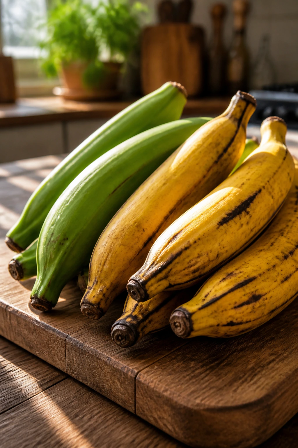 Plantain Vs Potato: Which is Better? Let's Find Out 9 Close-up of plantains on a wooden cutting board in a sunlit kitchen