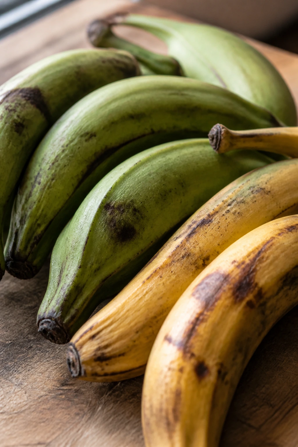 Close-up of green and yellow plantains on a wooden cutting board in a kitchen