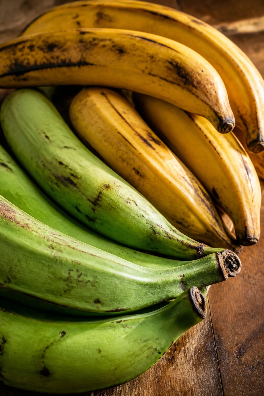 Are Plantains Gluten-Free? All You Need to Know 1 Close-up of green and yellow plantains on a rustic wooden counter with warm lighting