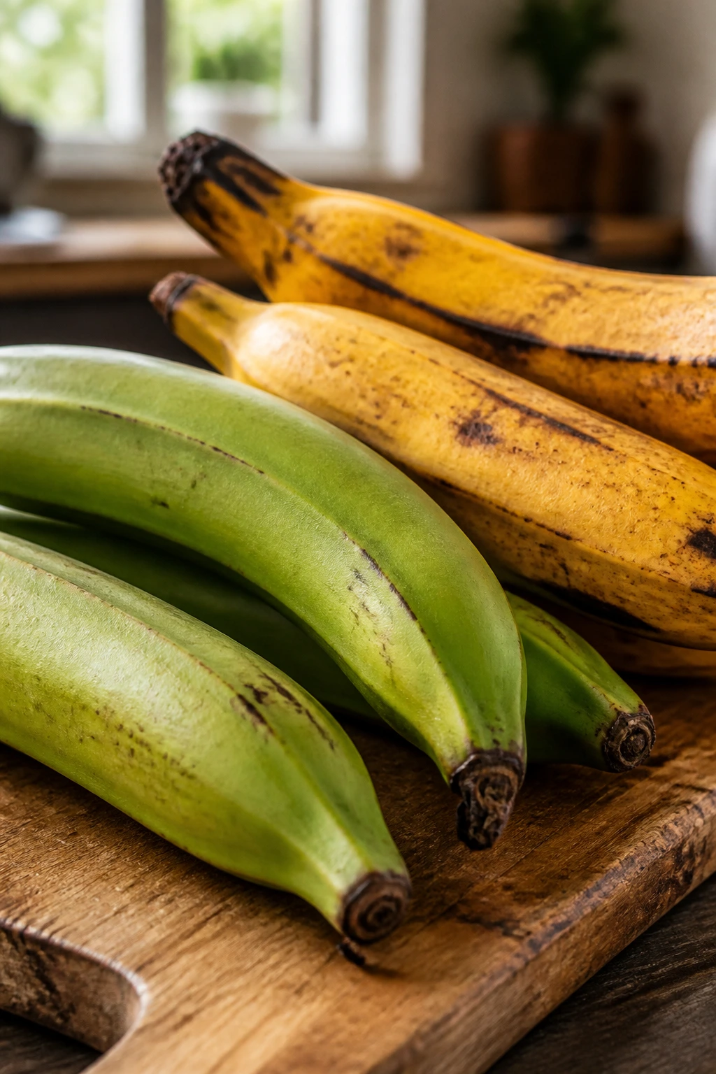 Can You Freeze Plantains? All You Need To Know 1 Close-up of fresh plantains on a cutting board in a sunlit kitchen.