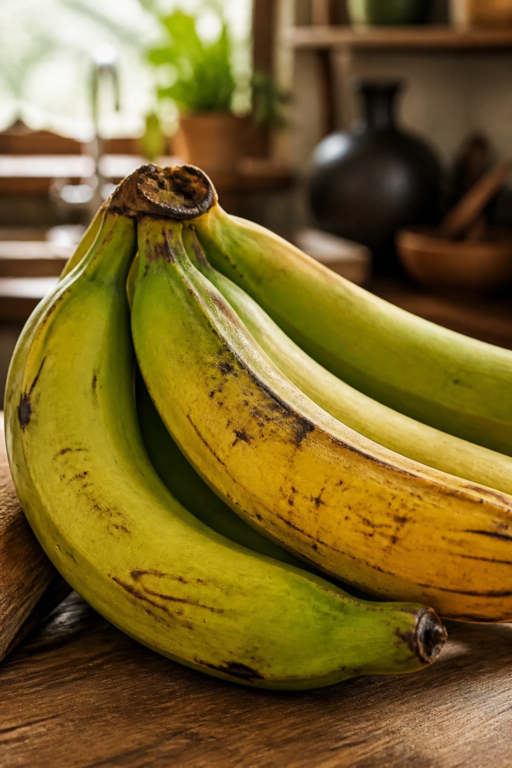 Close-up of a small bunch of plantains with green-to-yellow skins on a wooden kitchen counter