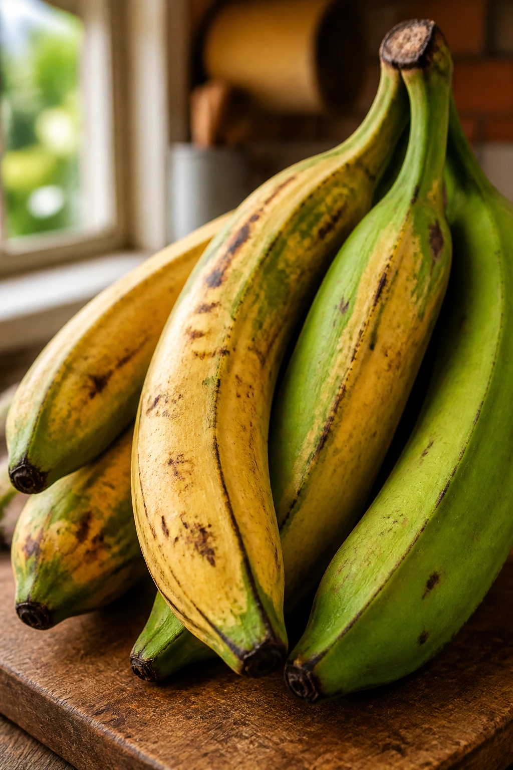 Close-up of a bunch of plantains with green and yellow skins in a warm kitchen