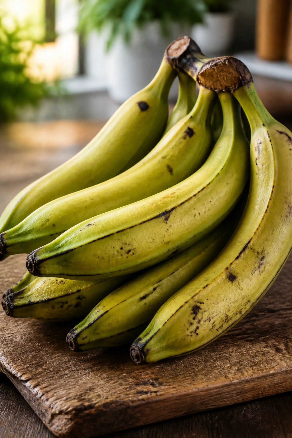 Close-up of green to yellow plantains on a wooden cutting board
