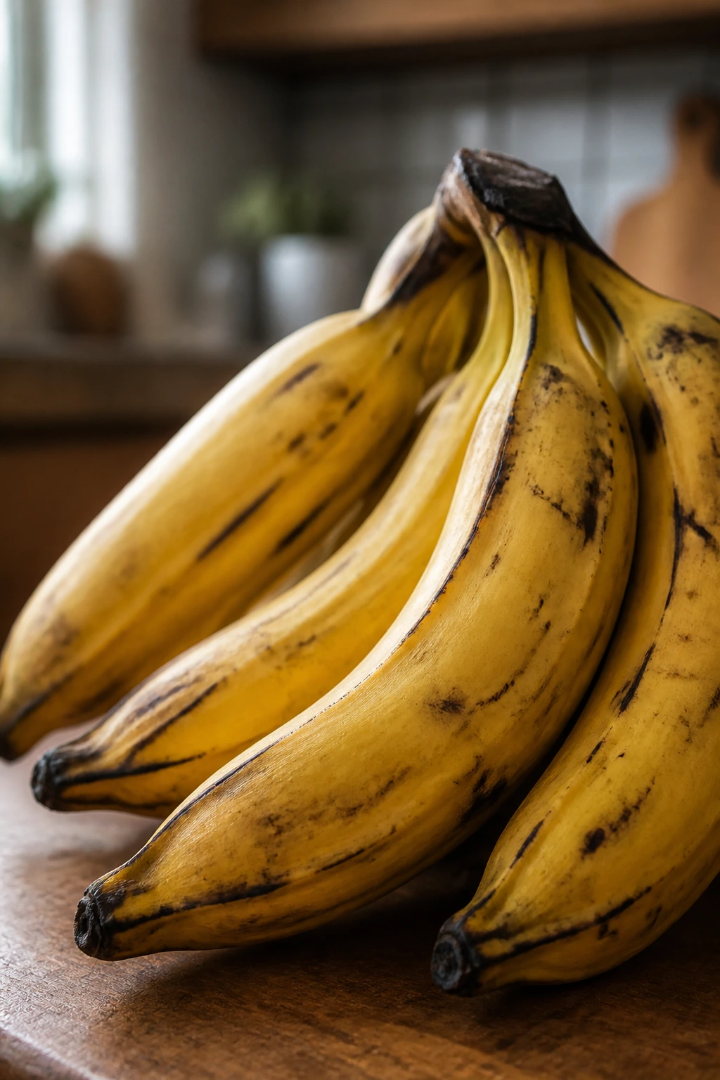 Cluster of ripe plantains on a wooden kitchen counter