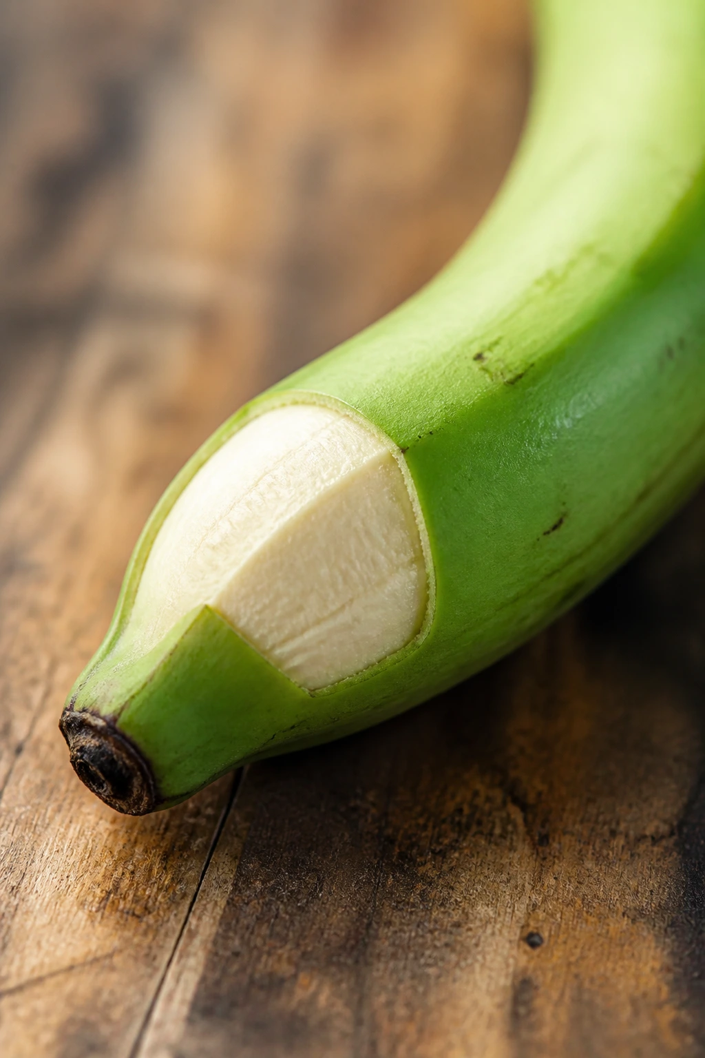 Green plantain with peeled section on wooden counter