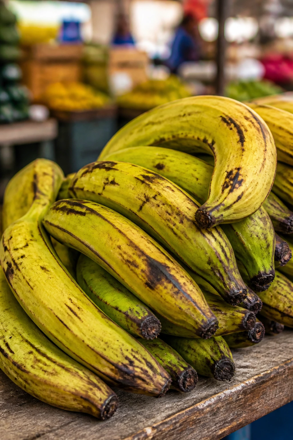 Plantains on market stall in store setting