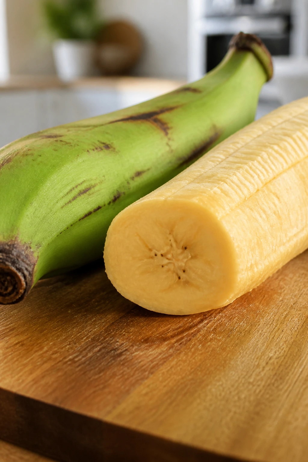 Close-up of a green plantain and peeled yellow slice on wooden surface