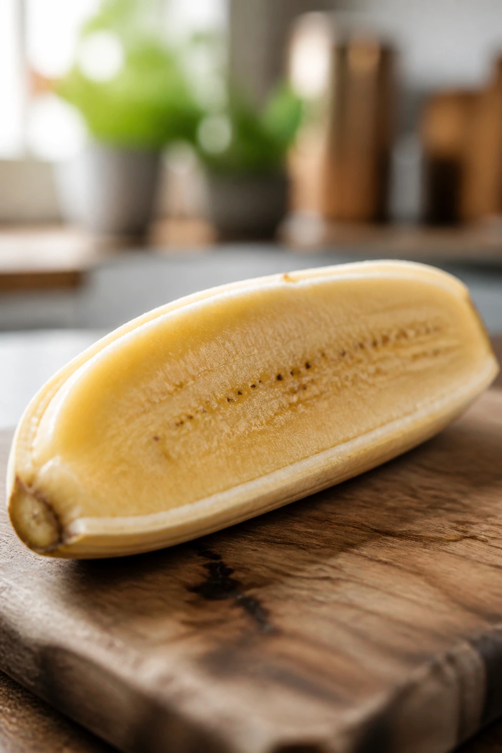 Can Guinea Pigs Eat Plantains? What You Need To Know 2 Close-up of peeled plantain half showing yellow flesh on a wooden board.