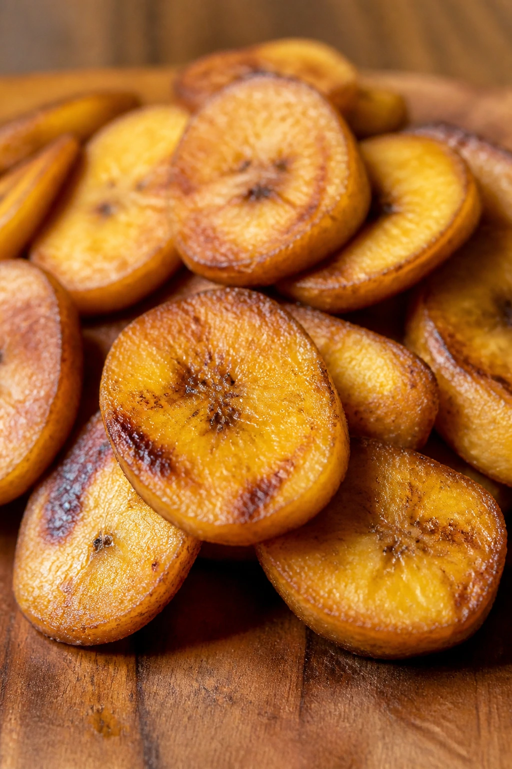 Are Plantains Gluten-Free? All You Need to Know 3 Close-up of ripe plantain slices on a wooden board