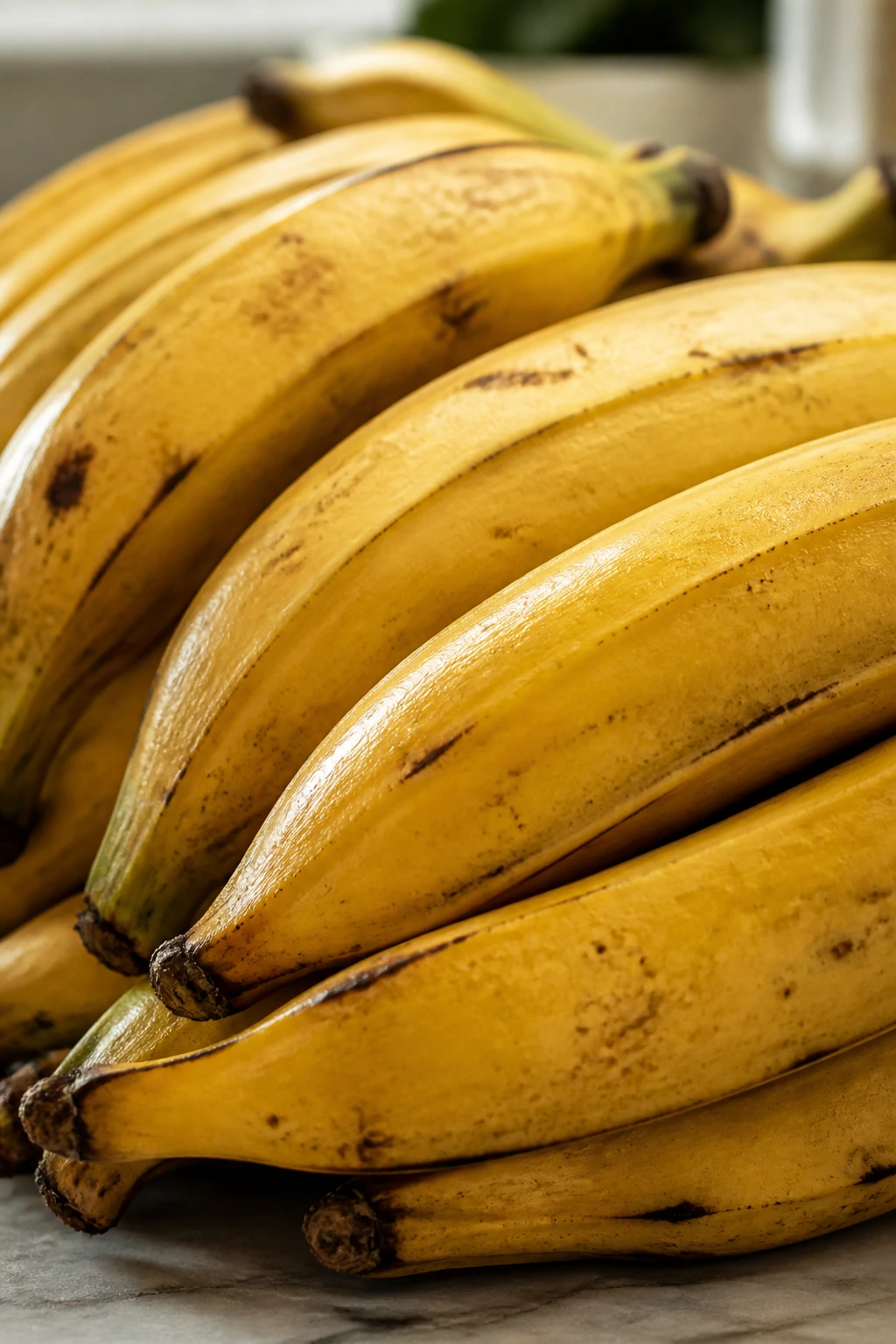 Close-up of ripe yellow plantains on a wooden surface