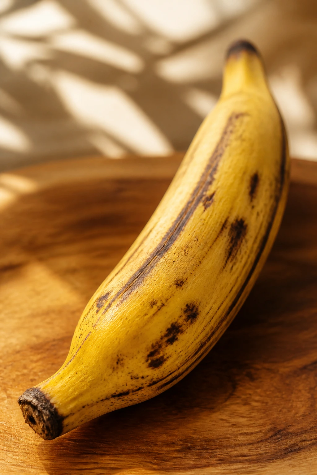 Close-up of a ripe plantain on a wooden surface