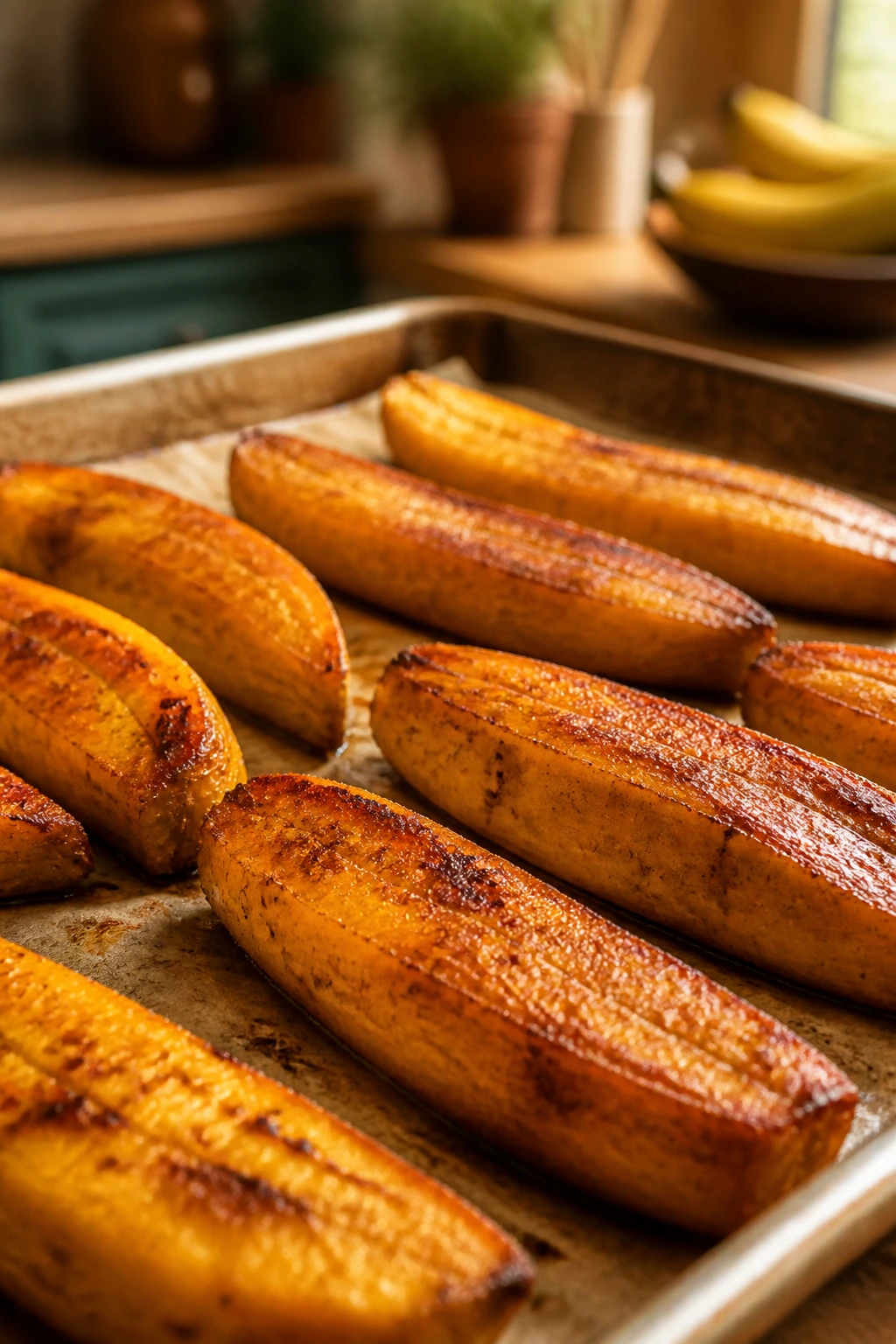 Oven-baked plantains on a baking tray