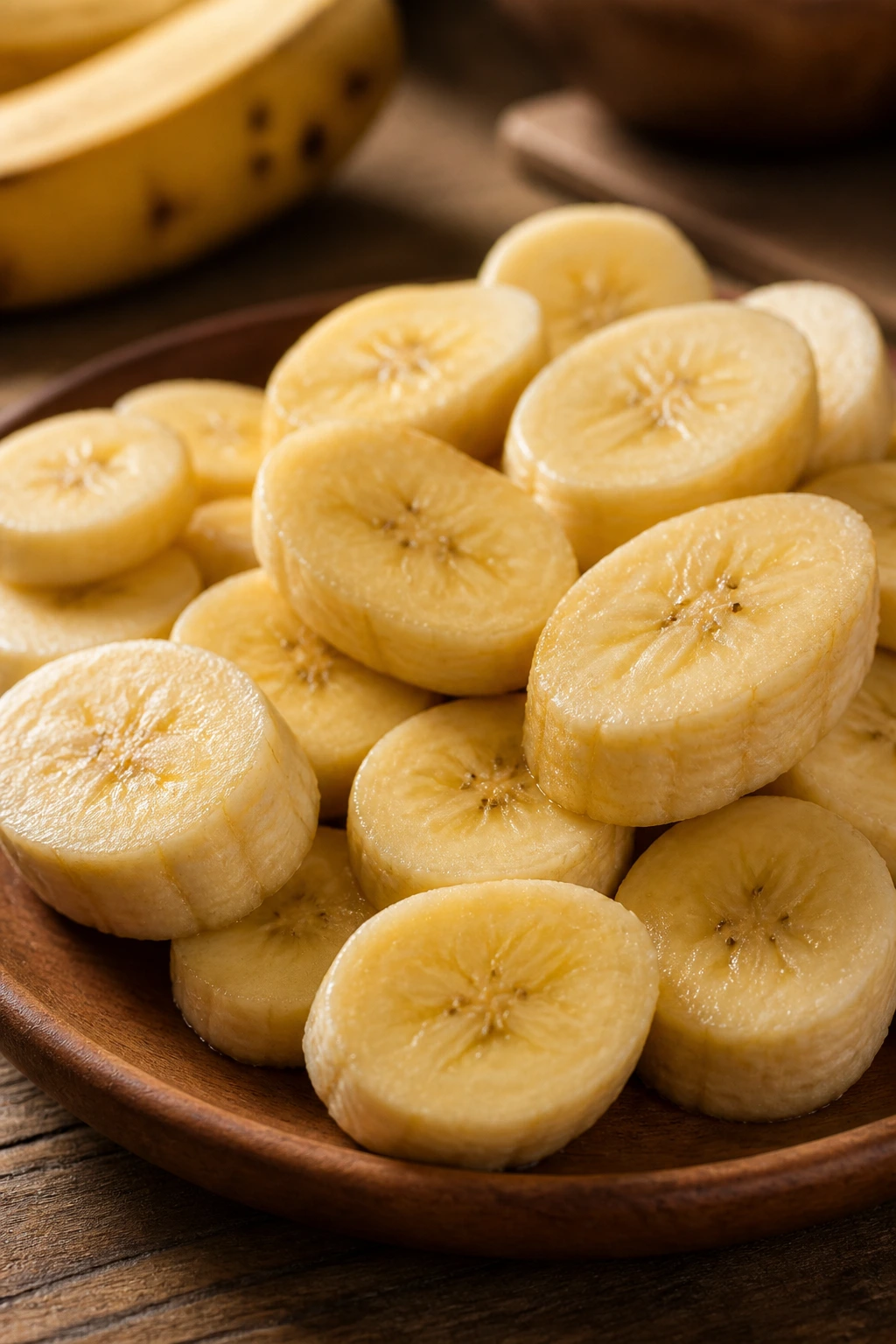 Close-up of peeled plantain slices on a wooden plate