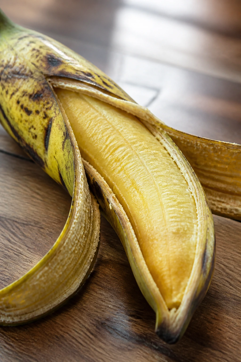 Can You Freeze Plantains? All You Need To Know 8 Close-up of a partially peeled ripe plantain on a sunny kitchen counter, plantain filling the frame.