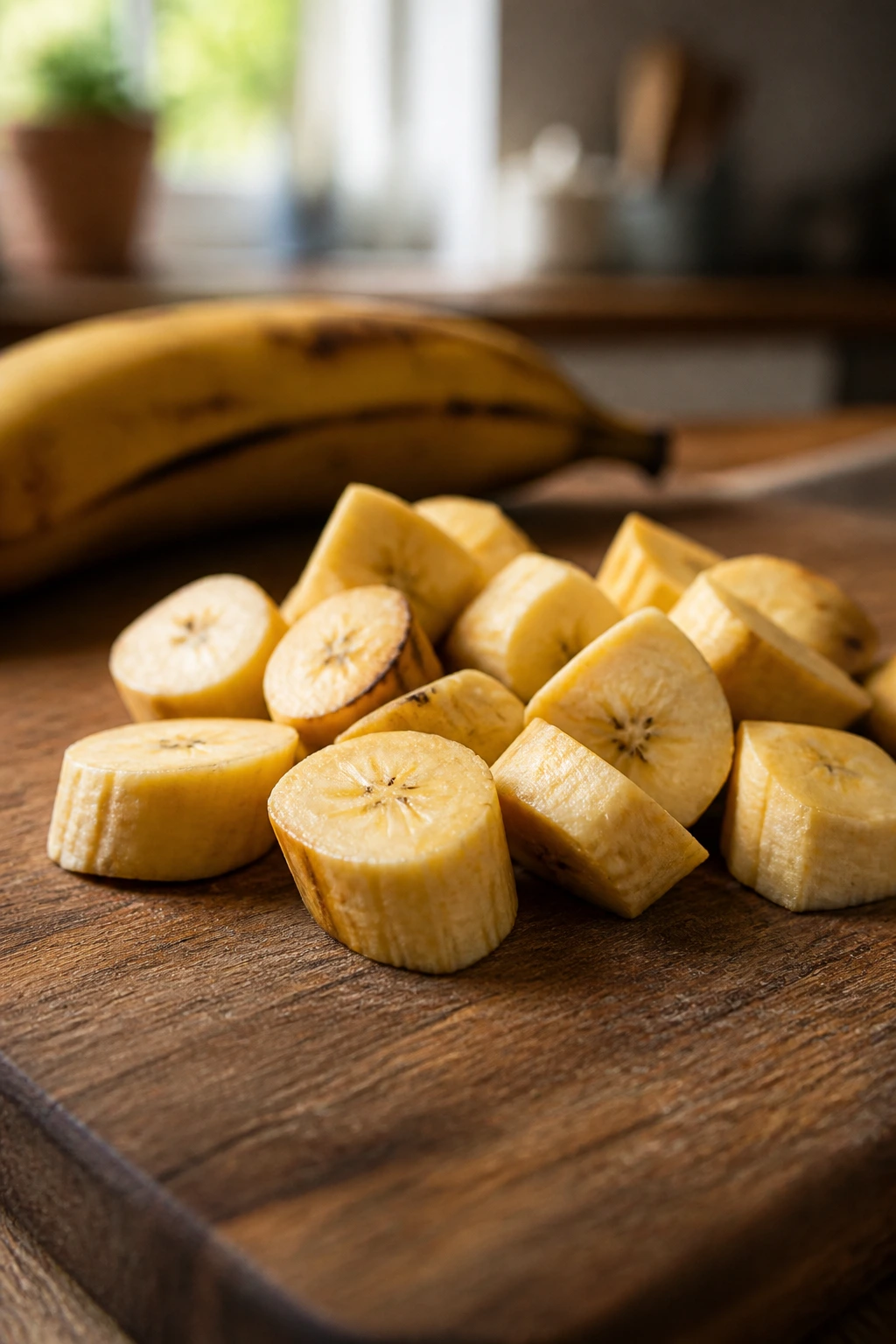 Close-up of plantain pieces arranged on a cutting board for dog portions