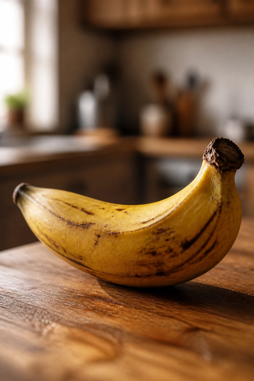 Close-up of a vibrant yellow plantain on a wooden surface